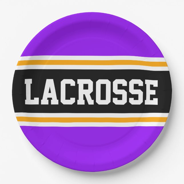 Plato De Papel LACROSSE Rayas de Carreras amarillo negro violeta  (Anverso)