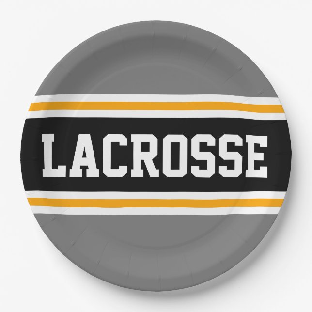 Plato De Papel LACROSSE Sporty Gray Black Yellow Carreras Strips (Anverso)