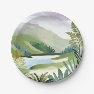 Plato De Papel Ladera exuberante   Pintura de naturaleza en acuar