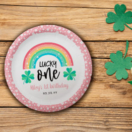 Plato De Papel Lado rosado y arcoiris Afortunado primer cumpleaño