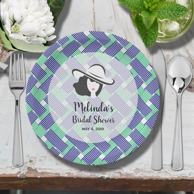 Plato De Papel Lady Big Gorra Derby Bridal Shower (Big Derby hat lady on blue and green diagonal stripes bridal shower paper plates)