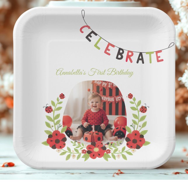 Plato De Papel  Ladybug 1st Birthday Floral (Personalized ladybug theme birthday party plates)