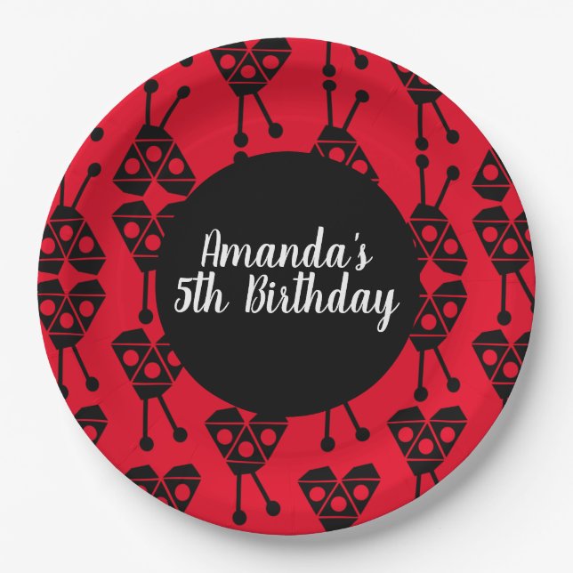 Plato De Papel Ladybug Bug Insect Geometrical Birthday Party Red (Anverso)