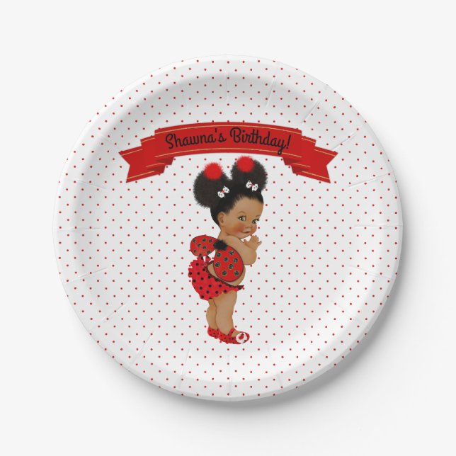 Plato De Papel Ladybug Niña africana norteamericana, puntos rojos (Anverso)
