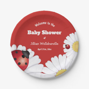 Plato De Papel Ladybug Red White Flower Documento de Baby Shower
