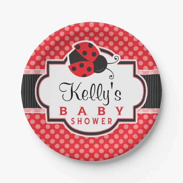 Plato De Papel Ladybug rojo y negro; Baby Shower silencioso (Anverso)