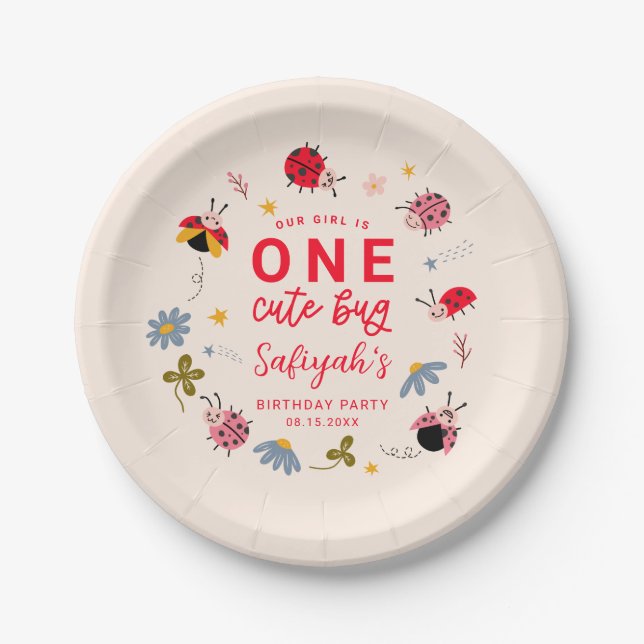Plato De Papel Ladybug Summer 1er cumpleaños Fiesta (Anverso)
