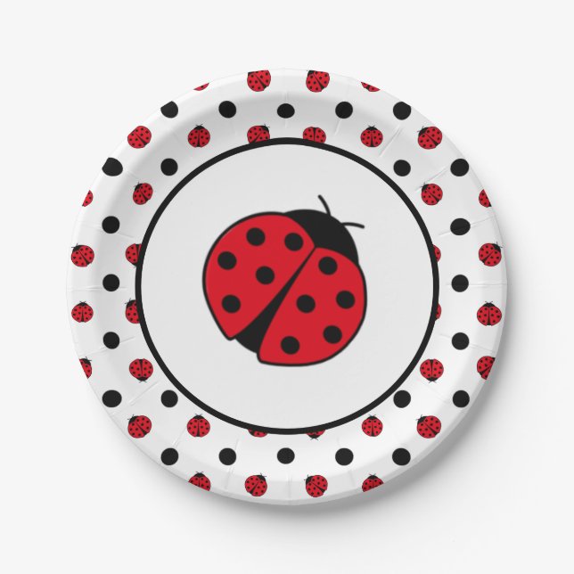 Plato De Papel Ladybugs retro polka puntos placas de papel (Anverso)