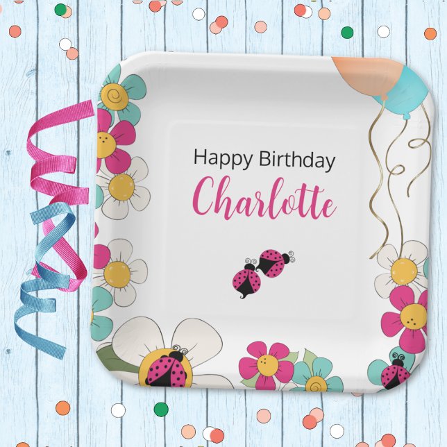Plato De Papel Ladybugs y Flowers Square Birthday Party (Subido por el creador)