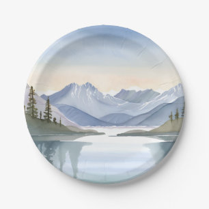 Plato De Papel Lago Tahoe Paisaje montañoso acuarela