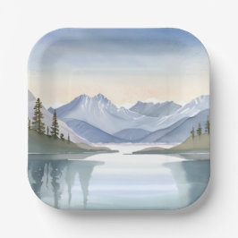 Plato De Papel Lago Tahoe | Paisaje Montañoso Acuarela