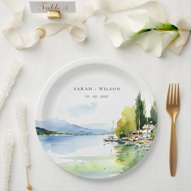 Plato De Papel Lake Geneva Switzerland Watercolor Scape Wedding (Boda)