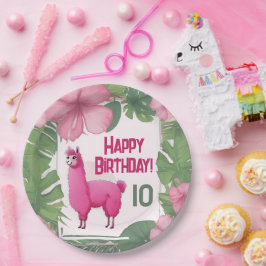 Plato De Papel Lama sonriente rosa feliz