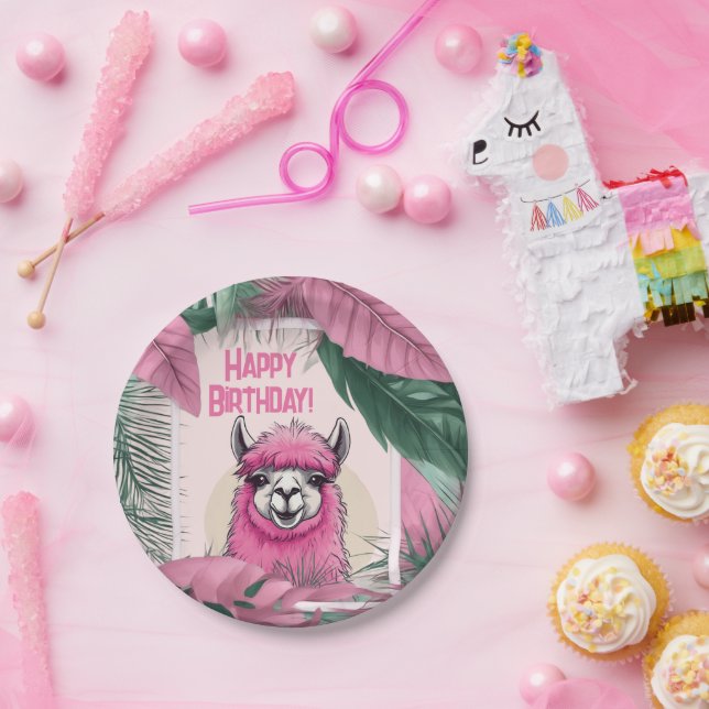 Plato De Papel Lama sonriente rosa feliz (Fiesta)