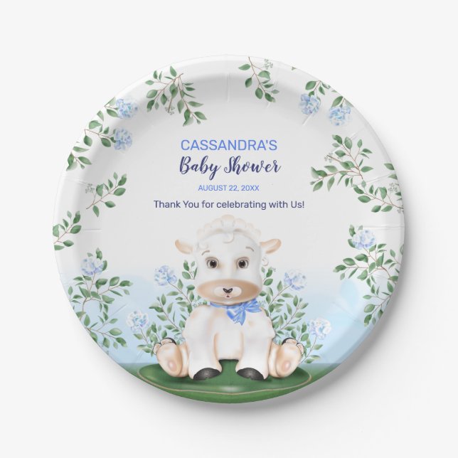 Plato De Papel Lamb Blue Floral Baby Shower (Anverso)