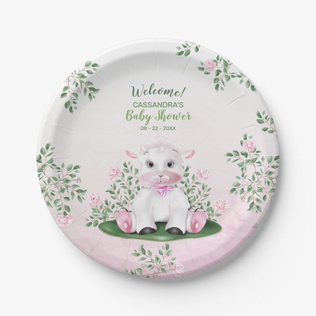 Plato De Papel Lámpara Floral Rosa Baby Shower (Anverso)