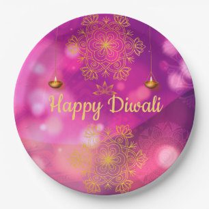Plato De Papel Lámparas Diwali Purple Gold Mandala
