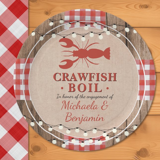 Plato De Papel Langostinos hierven la fiesta de compromiso de par (Crawfish Boil Rustic Couples Engagement Party Paper Plates)