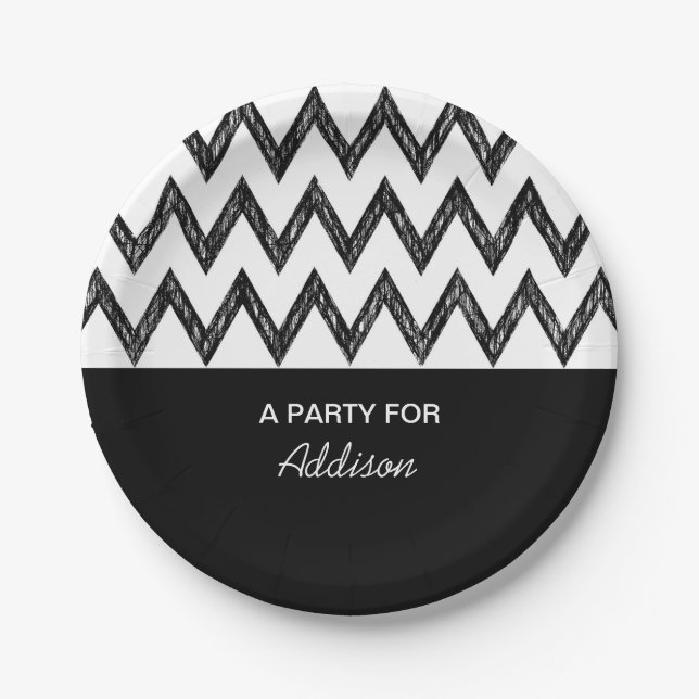 Plato De Papel Lápiz de moda Chevron blanco y negro con nombre (Anverso)