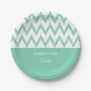 Plato De Papel Lápiz De moda Mint Green Chevron Zigzags Con Nombr