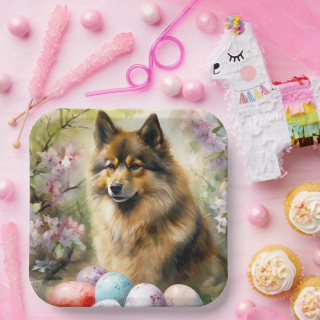 Plato De Papel Lapphund finlandés con huevos de Pascua (Fiesta)