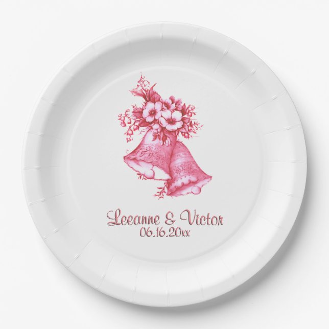 Plato De Papel Las campanas rosadas Bodas personalizadas (Anverso)
