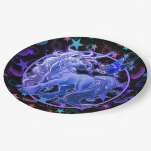 Plato De Papel Las estrellas de la unicornio azul
