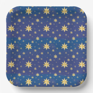 Plato De Papel Las Estrellas De Los Navidades De Oro En Azul