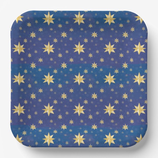 Plato De Papel Las Estrellas De Los Navidades De Oro En Azul (Anverso)