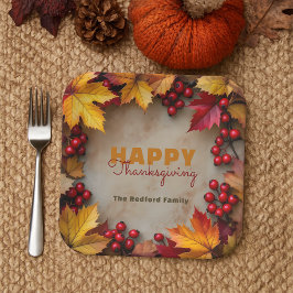 Plato De Papel Las hojas de arce doradas y el día de Acción de Gr