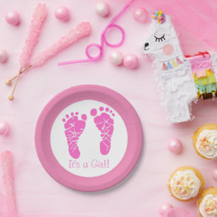 Plato De Papel Las huellas rosas del bebé son un Baby Shower Chic
