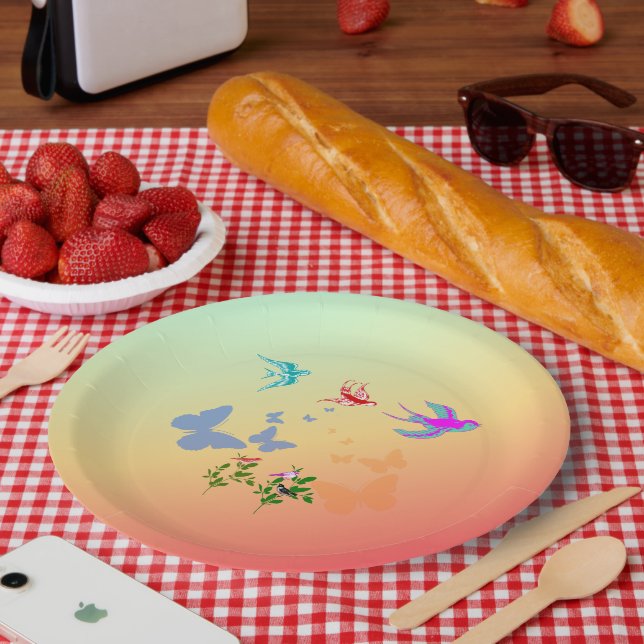 Plato De Papel Las mariposas pájaros flaman en la naturaleza (Picnic)