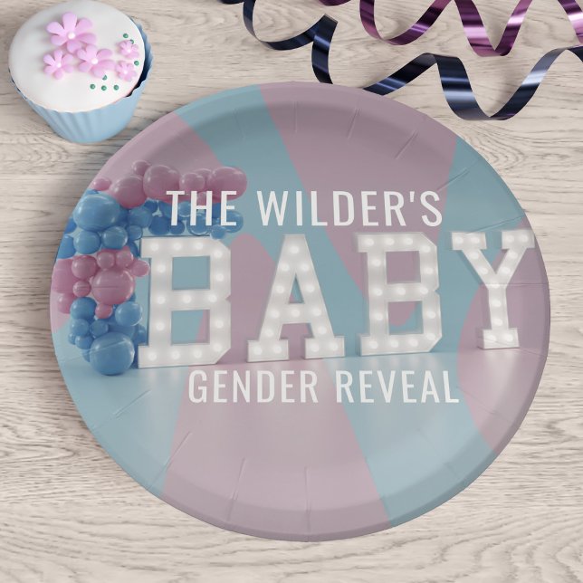 Plato De Papel Las placas de papel Baby Shower azul rosado revela (Pink and blue gender reveal paper plates just for you. Add your family name)