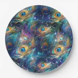 Plato De Papel Las plumas de pavo real azul Aqua