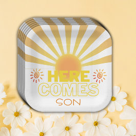 Plato De Papel Las Rayas Amarillas Aquí Vienen El Baby Shower Del