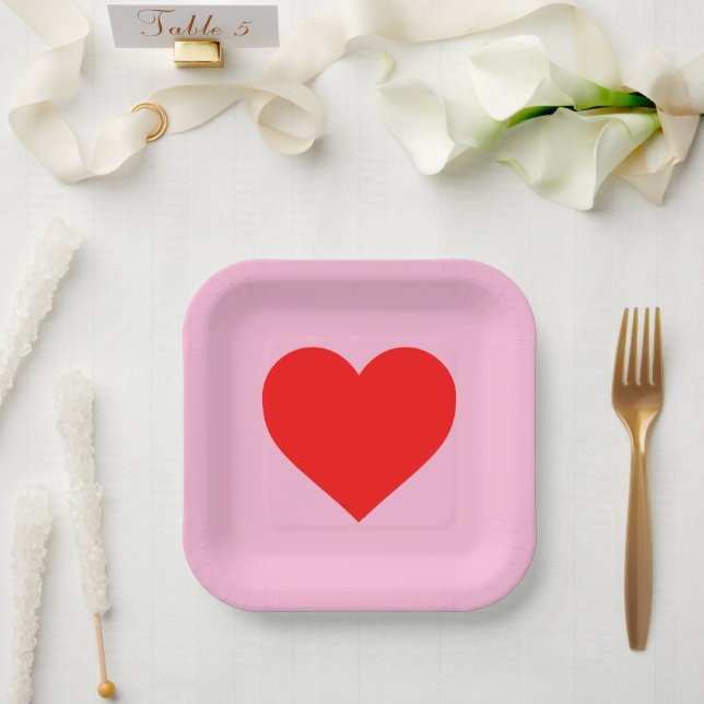 Plato De Papel Latido de Corazón Rojo Rosa Pastel (Boda)