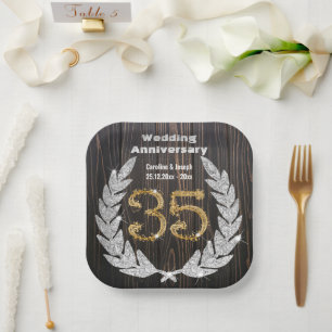 Plato De Papel Laurel de Diamantes y Oro 35, Aniversario Boda Pa