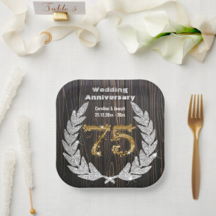 Plato De Papel Laurel de Diamantes y Oro 75, Aniversario Boda Pa