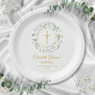 Plato De Papel Laurel Garland Hoja de Oro Bautizo