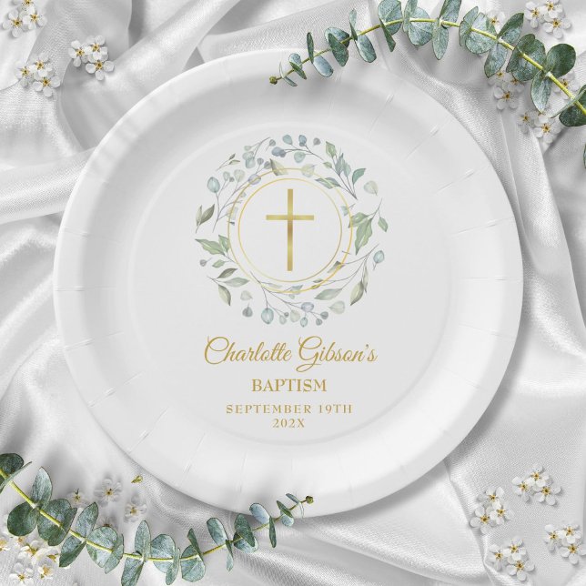 Plato De Papel Laurel Garland Relieve metalizado dorado Faux Bapt (Laurel Garland Faux Gold Foil Baptism Christening Paper Plates)
