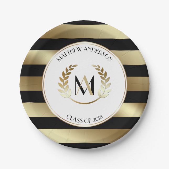 Plato De Papel Laurel Monogrammed Black and Gold Graduation Party (Anverso)