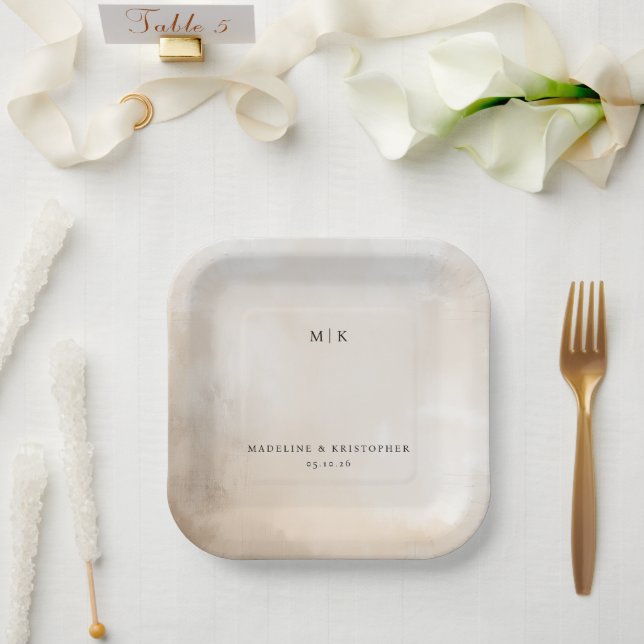 Plato De Papel Lavado de Acuarela Beige Sereno (Boda)
