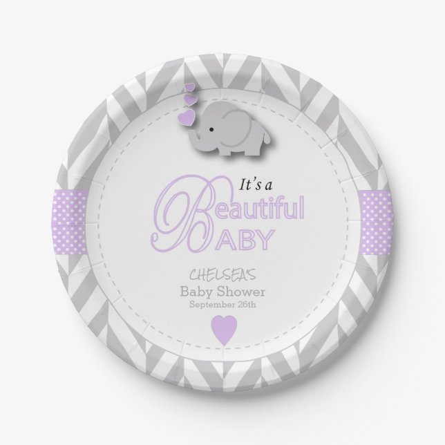 Plato De Papel Lavanda, Baby Shower de Elefante Gris Blanco (Anverso)
