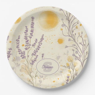 Plato De Papel Lavanda caprichosa y patrón floral amarillo