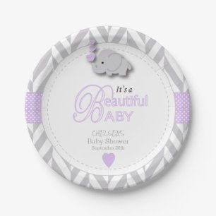 Plato De Papel Lavanda, elefante gris blanco Baby Shower