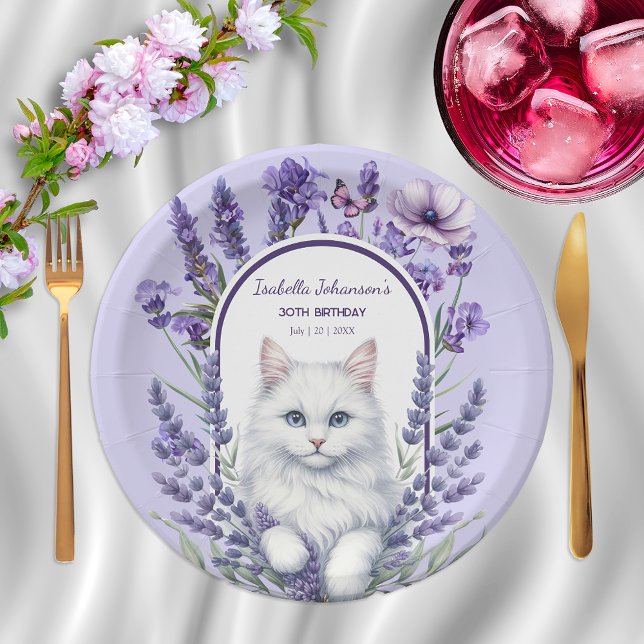 Plato De Papel Lavanda elegante y cumpleaños del gato (Subido por el creador)
