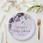 Plato De Papel Lavanda Purple Floral Elegante Baby Shower<br><div class="desc">Hermosas peonías púrpura, lavanda y blancas y cascada mixta de verduras sobre guiones elegantes y fuentes creando este encantador plato de papel de ducha de bebé. Bonito diseño de flores acuarelas. Fondo de lavanda/laguna. Muy elegante para un niño o una ducha de bebé chica. Agregue su nombre personal y fecha...</div>