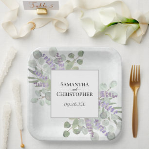 Plato De Papel Lavanda rústica y eucalipto Elegante Boda Boho