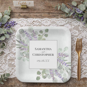 Plato De Papel Lavanda rústica y eucalipto Elegante Boda Boho