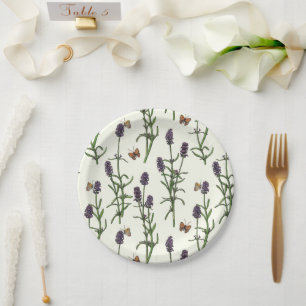 Plato De Papel Lavanda y mariposas en blanco roto
